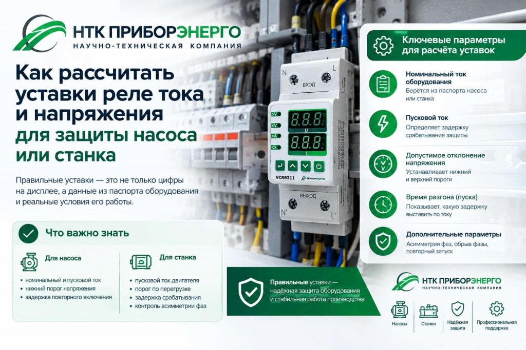 Как рассчитать уставки реле тока и напряжения для защиты насоса или станка