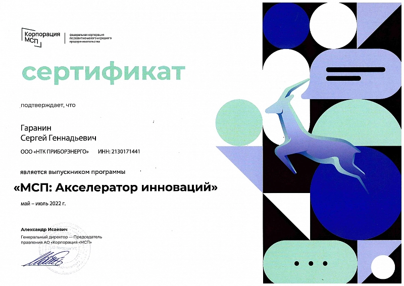 Сертификат выпускника программы «Акселератор инноваций» 